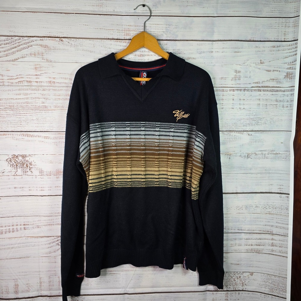 Willie Esco Men's XL Knit Polo Sweater Black Striped Y2K Hip Hop Streetwear